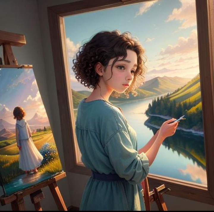 A fictional curly-haired painter working on a landscape