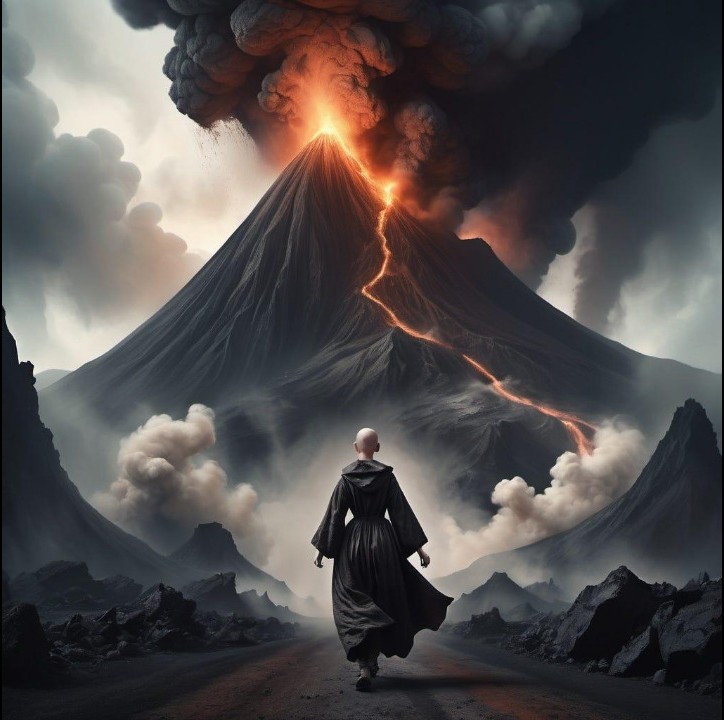 A fictional traveler climbing a volcanic mountain through grey steam